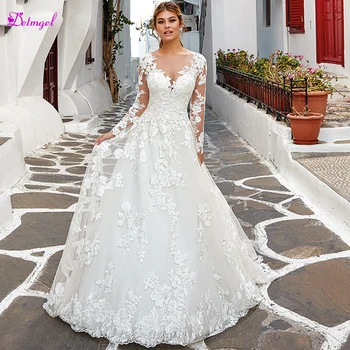 

Detmgel New Elegant Scoop Neck Long Sleeve A-Line Wedding Dresses 2020 Luxury Appliques Brush Train Bridal Gown Vestido de Noiva