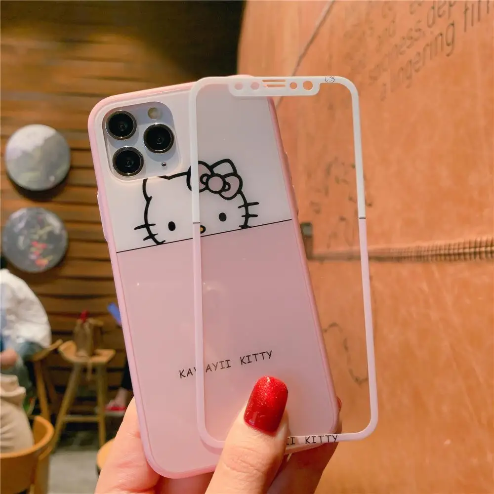 Закаленное стекло Hello kitty из двух частей чехол для телефона для iphone 11 Pro Max 6 6splus 7 8 plus X XR XS MAX аниме закаленное покрытие - Цвет: A