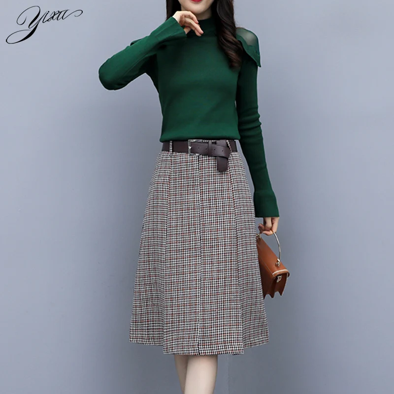 

Winter Woman Basic Suits Elegant OL Skin Sweater + Houndstooth A-line Skirt Set Slim Woman Two-pieces Suits Autumn New