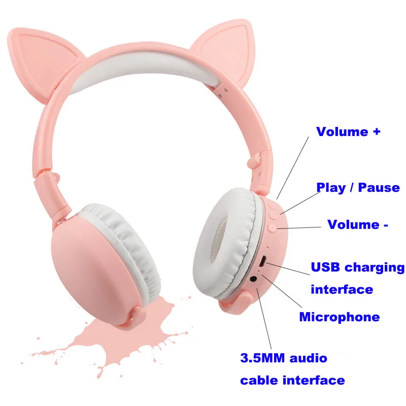 Cute Cat Ear Kids Headphones Foldable Adjustable Bluetooth Wireless Earphones Stereo Headset With Mic for Children Smartphone