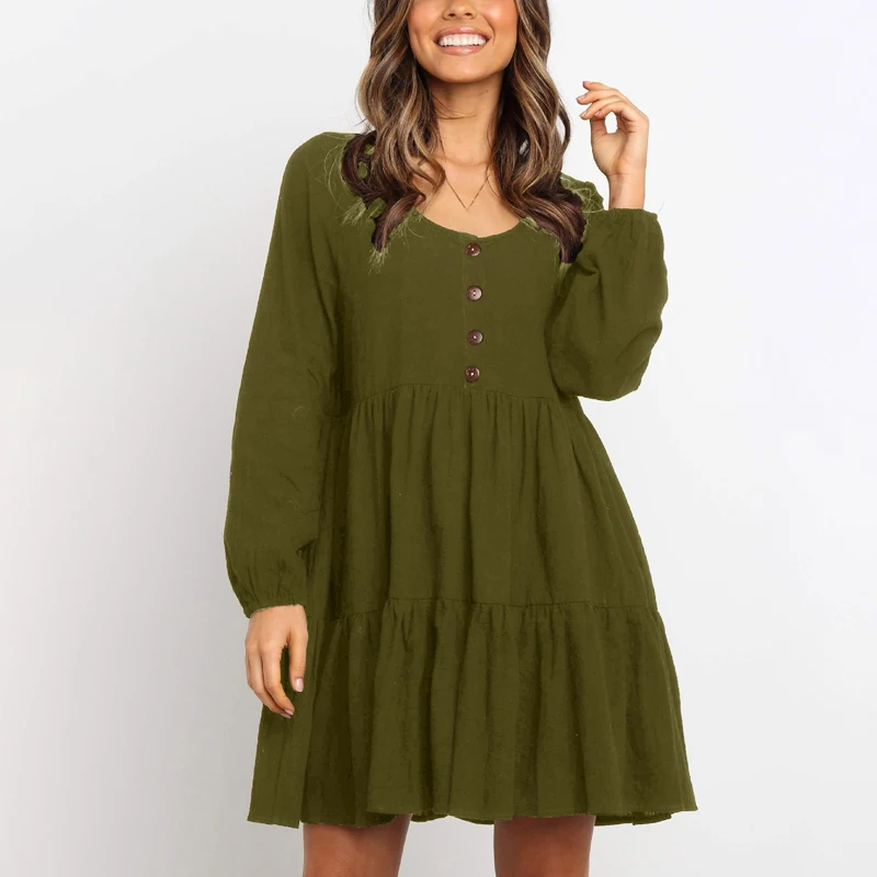 Женские платья однотонного цвета с круглым воротником однобортные Свободные