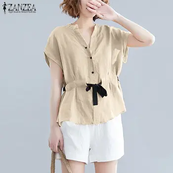 

Summer Blouse Women Vintage Short Sleeve Cotton Linen Top ZANZEA Casual Lace Up Shirt Female Solid Work Blusas Plus Size Chemise
