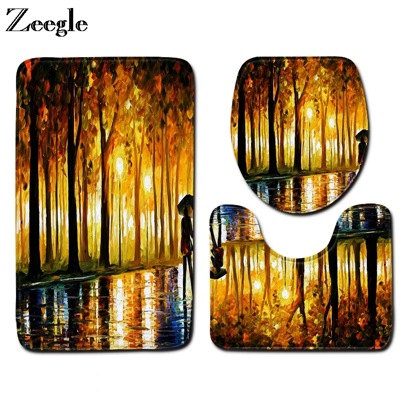 Zeegle 3pcs Bath Mat Set Flannel Soft Toilet Pedestal Rug Foot Mat Anti Slip Bathroom Doormat Toilet Cover Seat Bath Toilet Set