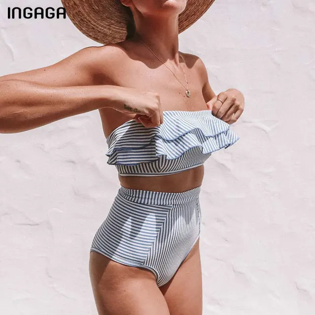US $8.78 INGAGA 2020 Bandeau Swimwear Women High Waist Bikini Set Sexy Ruffle Swimsuit Striped Print Biquini