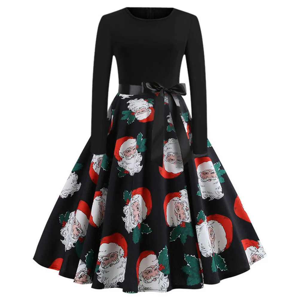 H35, винтажное платье, женское, с длинным рукавом, с принтом, рождественское платье, зимнее, элегантное, Свинг, платья для вечеринок, Robe Femme, повседневное, плюс размер, с принтом - Color: E