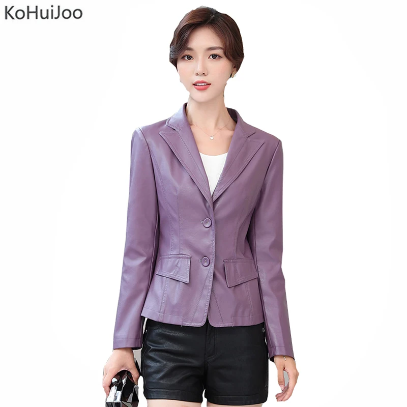 KoHuiJoo осенний искусственный кожаный пиджак для женщин, на пуговицах, тонкий, офисный, женский, тонкий, Деловой, из искусственной кожи, куртки зеленый, фиолетовый, черный