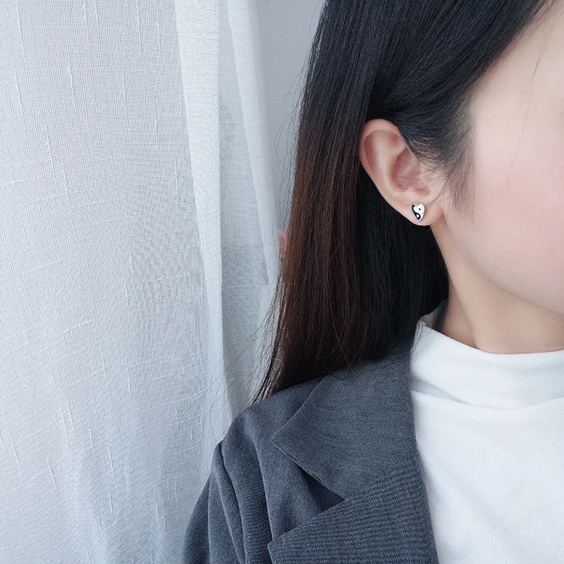 Flatfoosie Minimalist Yin Yang Drop Glazed Stud Earrings For Women Silver Color Heart Geometric Earrings Fashion Jewelry Gift