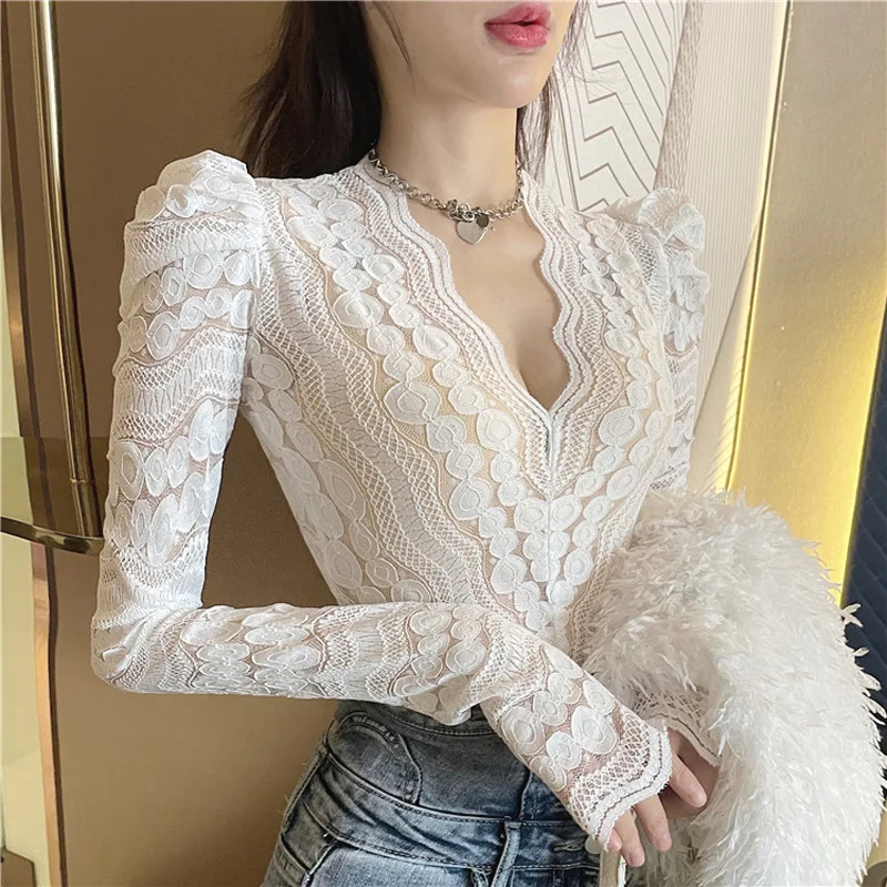 Lady Long Puff Sleeve Shirt Wave Cut V Neck Feminine Pullover Blouse Lace Crochet Hollow Out See-through French Palace Retro Top