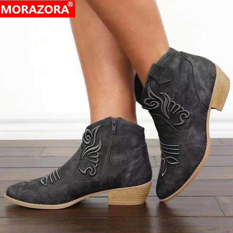 

MORAZORA 2020 new arrival Western boots female round toe autumn winter casual shoes embroider zip simple women ankle boots