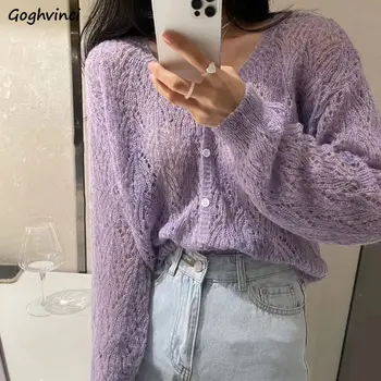 Cardigan Women V-neck Sexy Hollow Out Long Sleeve Single Breasted Sweet Solid Color Female Daily Thin Spring Autumn Breathable 1