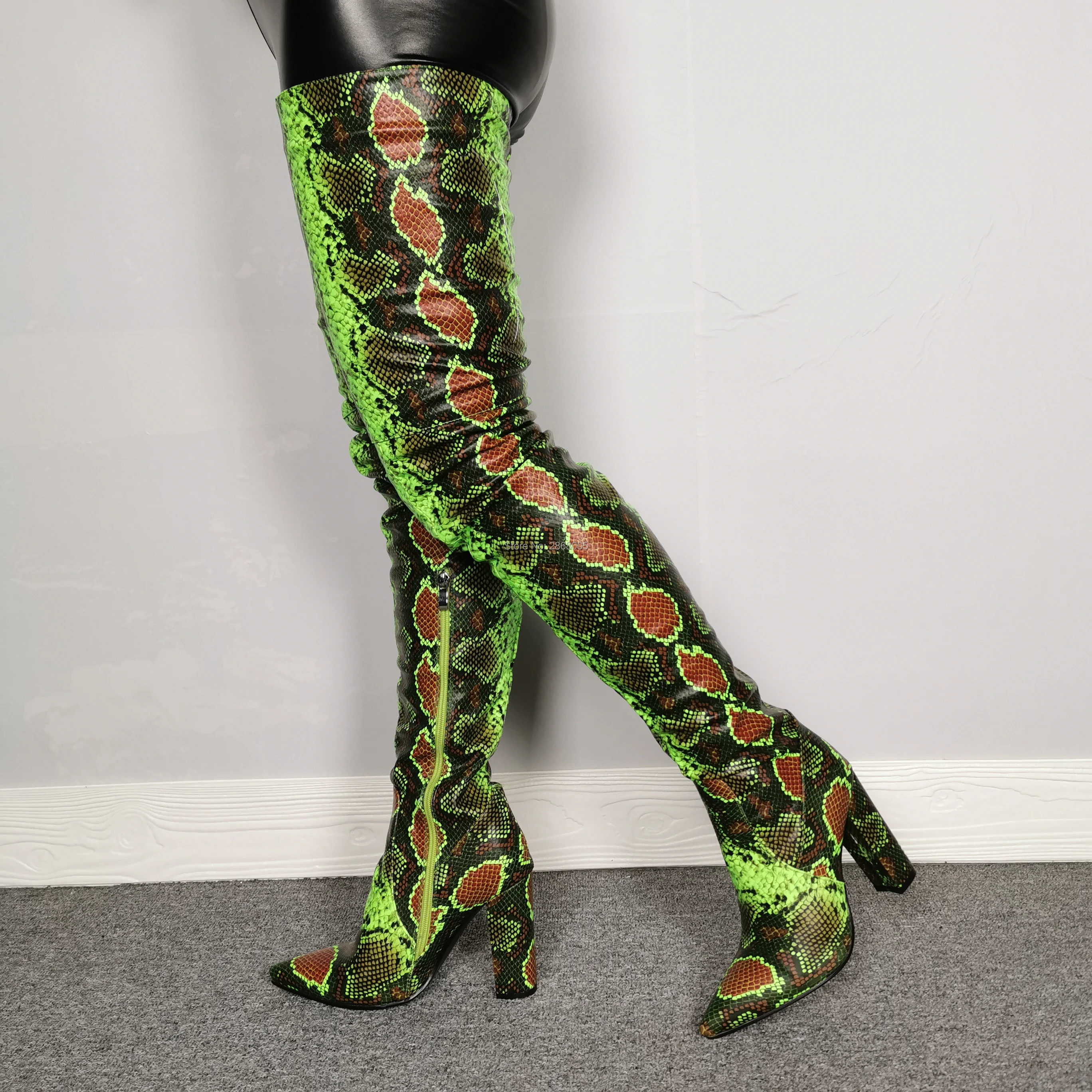

Women Winter Shoes Sexy Ladies Python Thigh High Boots Pointy Toe Over The Knee High Heels Snake Chunky High Heel Boots