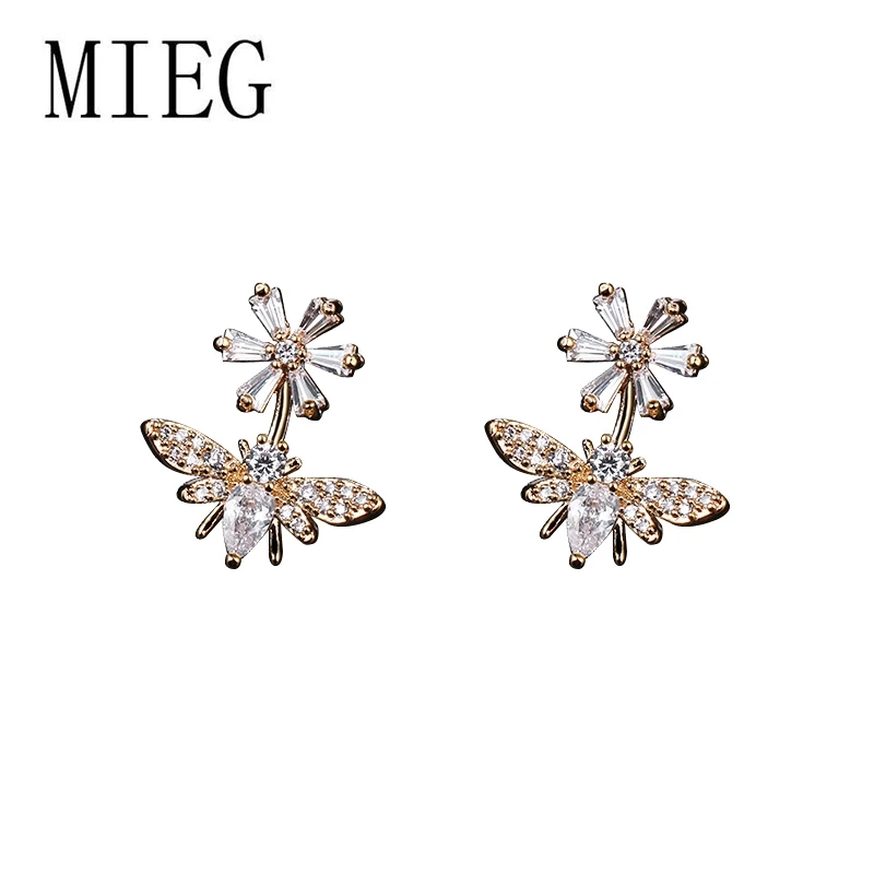 

MIEG Brand Cubic Zirconia CZ Crystal Bee and Flower Stud Earring for Women in Gold / Silver Color Plated