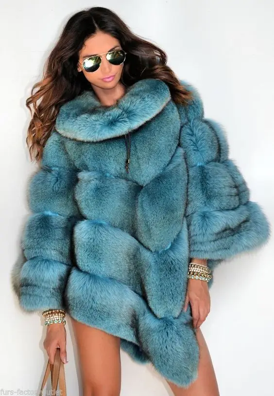 Новая шуба из натурального Лисьего меха, Женское зимнее плотное меховое пончо, настоящая лисица, меховая куртка Верхняя одежда для женщин, женская модная меховая куртка - Цвет: lake blue
