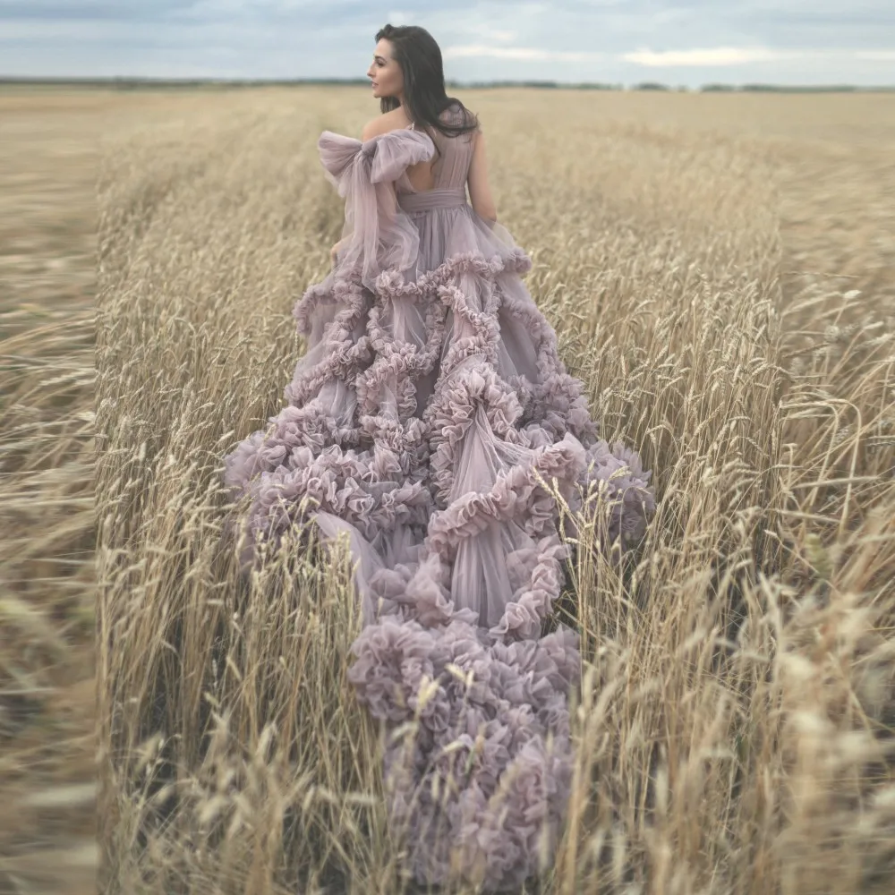 Fluffy Tulle Maternity Dresses With Long Train V