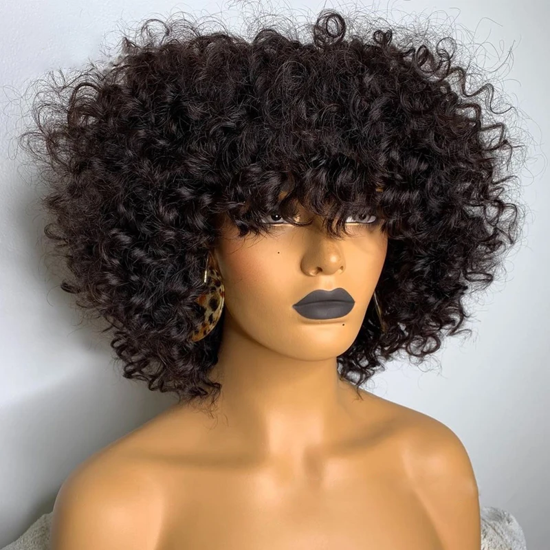Short Curly Pixie Cut Bob Human Hair Wig With Bangs Full Machine Wigs For Black Women Remy PrePlucked With Baby Hair Brazilian human hair wigs