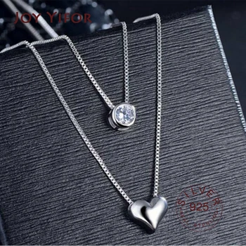 925 sterling Silver Necklace Double Layer Chain Zircon Heart Pendants Necklaces For Women kolye Choker