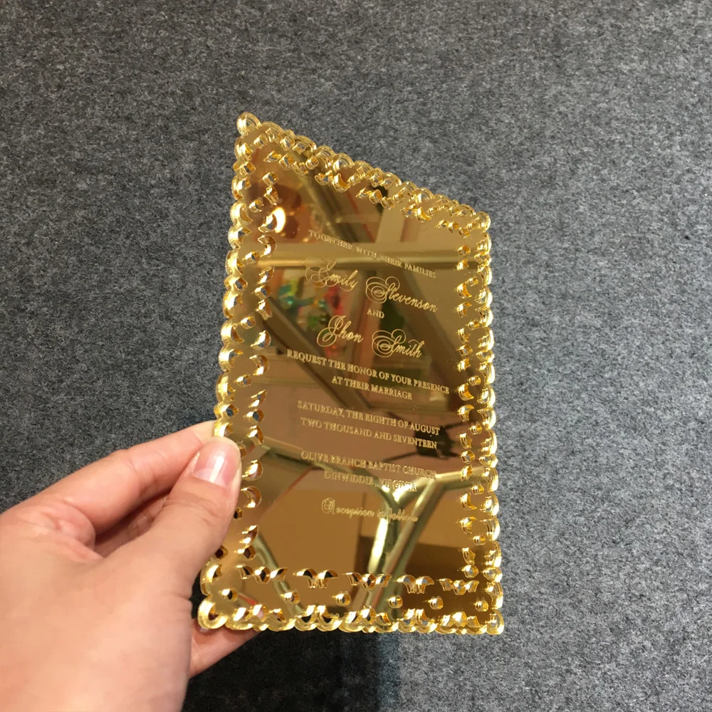  15 Pieces Per Lot Hollow Out Style Golden Mirror Acrylic Invitation Cards Laser Engraved Letters SH - 4.0002E+12