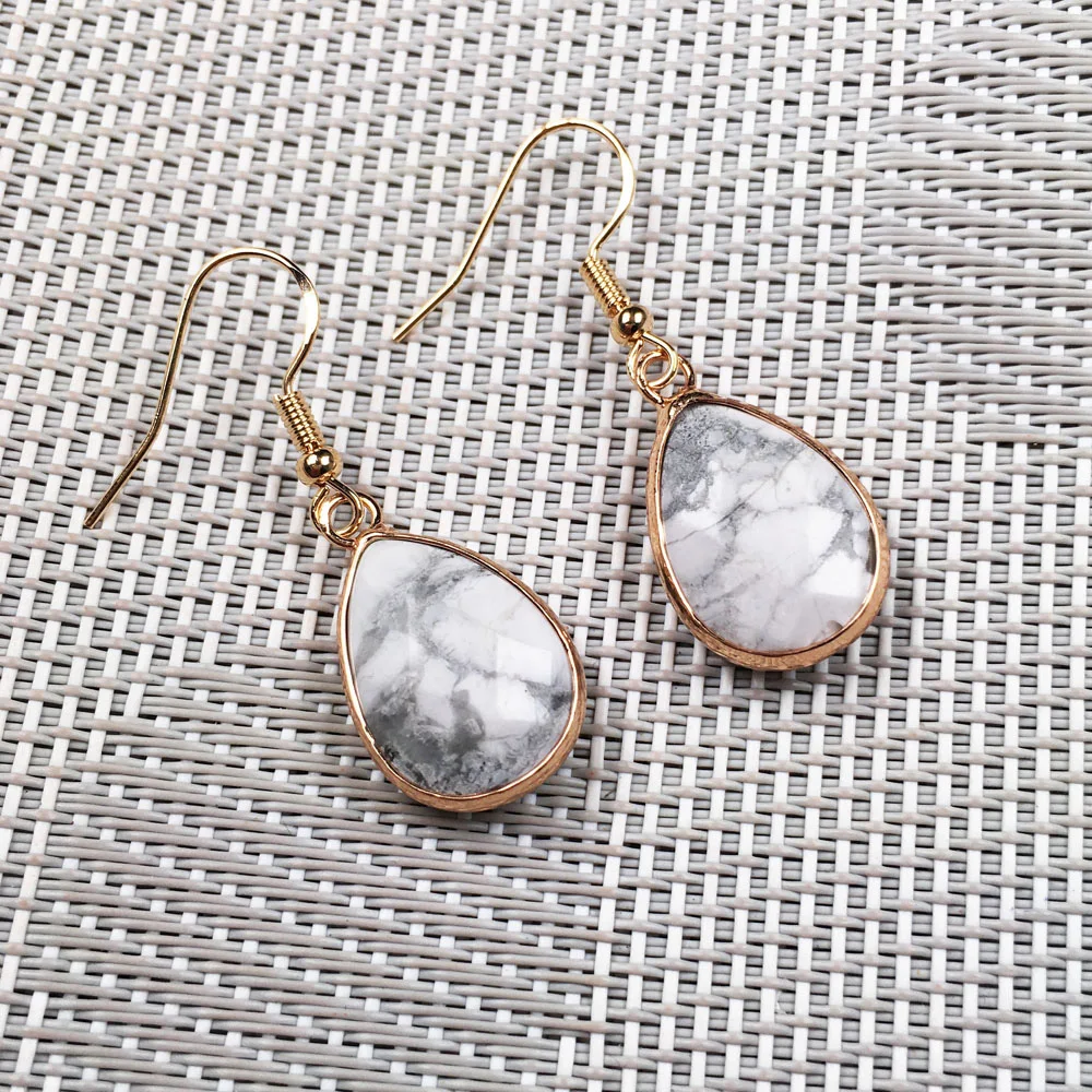 

2019 New Women Nature Stone Earrings Stud Exquisite Jewelry Handmade long drop shape White Turquoises Stone Earring