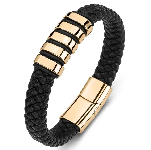 Classic Black Leather Wrap Bracelet for Men Metal Magnetic Clasp Fashion Bangle Bracelet Birthday Gift A10231-Gold-23cm