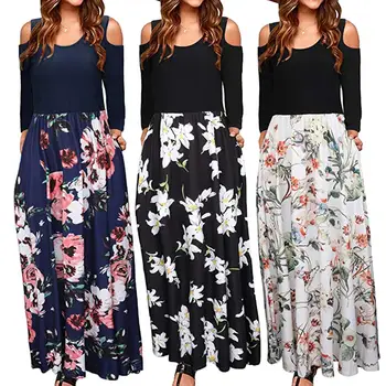 

Autumn Women Dress Long Sleeves O Neck Patchwork Women Dresses Floral Printed Draped Female Long Maxi Dress Casual Robe S-XXL