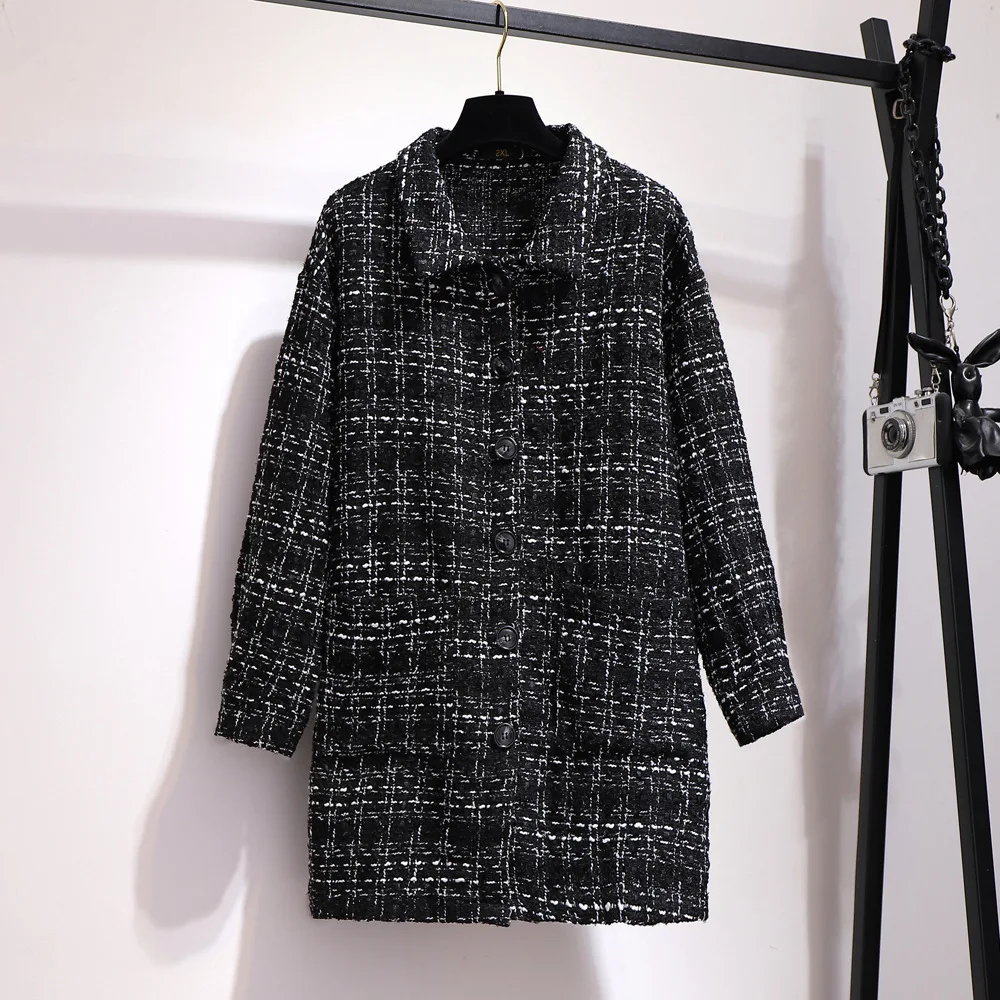Новинка, осенне-зимнее женское пальто размера плюс с длинным рукавом, повседневное свободное клетчатое длинное пальто с отворотом, черное, 3XL 4XL 5XL 6XL 7XL
