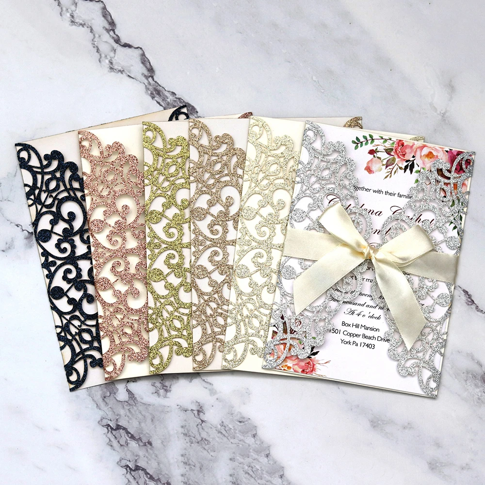  New 10pcs/Set Exquisite Glitter Paper Laser Cut Wedding Invitation Card With Ribbon Personalized We - 4000232019274