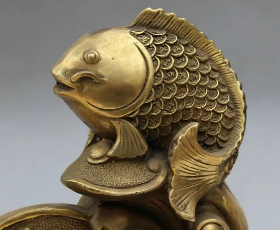 YM 321 9" Folk Chinese Brass Lucky Wealth Coin Auspicious 2 Jump Fish Statue
