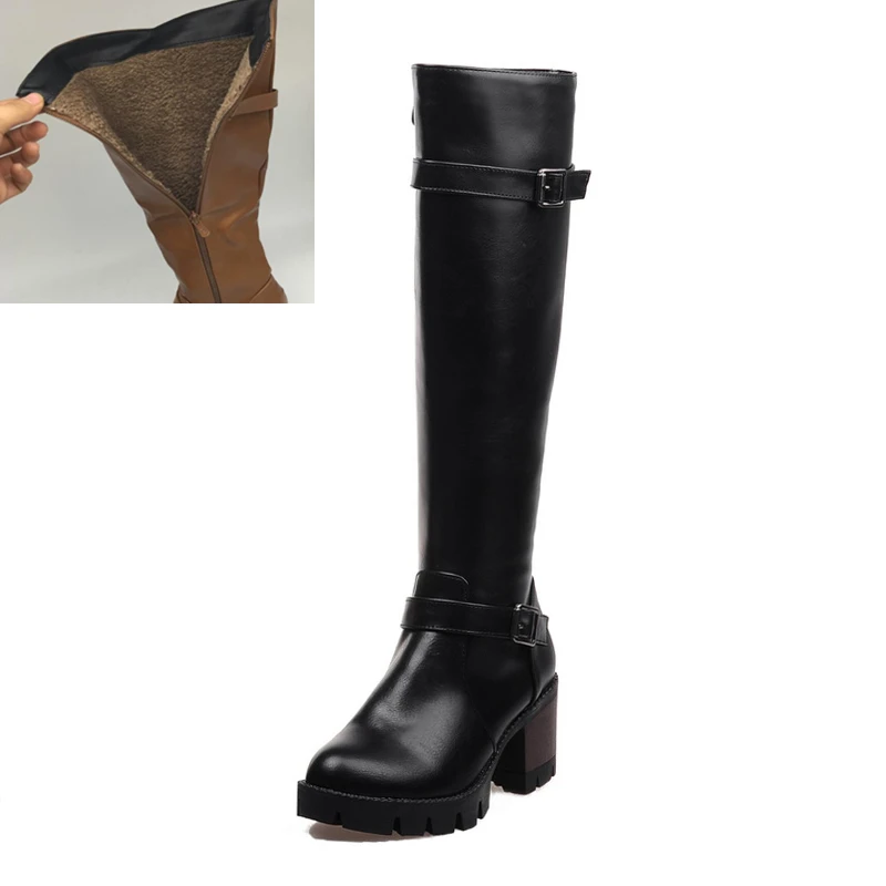 big size 32-43 Buckles Women Shoes Woman Platform Zip Up Square Heel Riding Boots Winter Chaussure - Цвет: black add fur
