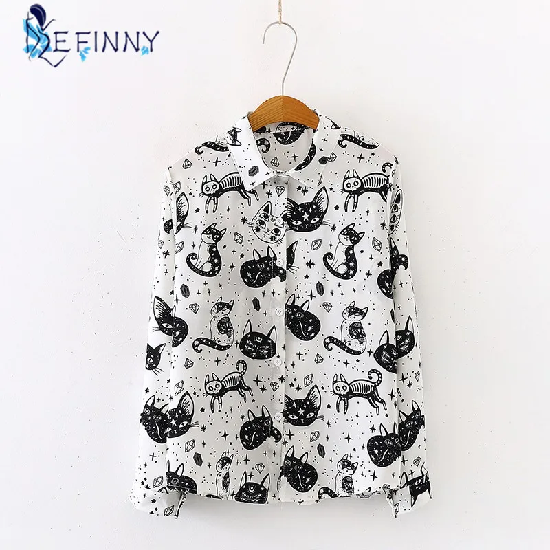 ladies shirts Women Shirt Cat Pattern Printed Personality Tops and Blouses Fashion Office Lady Long Sleeve Clothes White Black chiffon blouse