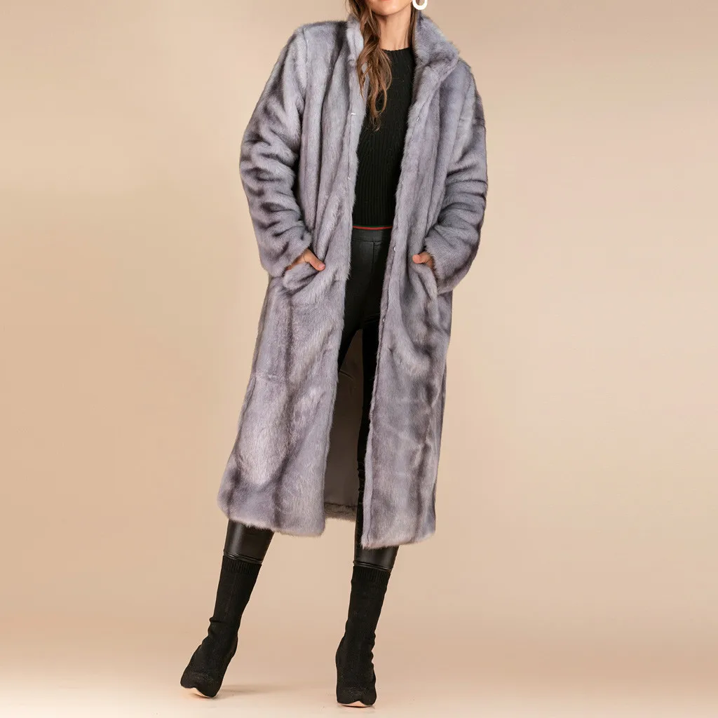 Страусиная зимняя женская Высококачественная шуба из искусственного меха, длинное меховое пальто, Свободное пальто с отворотом, толстое теплое Женское пальто большого размера N30