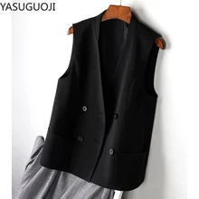 Yasuguji-Chaleco de doble botonadura para mujer, chaqueta Formal de oficina con cuello en V, ajustado, talla grande, Otoño, 2021