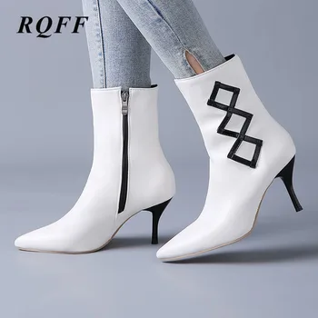 

Black Autumn Ankle Women Boots Plus Big Size Sexy High Thin Heels Shoes Woman Fashion Pointed Toe Winter Boot 12 White Geometric