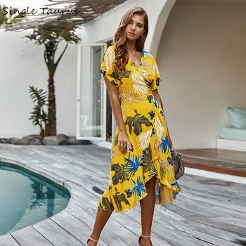 

2020 Maxi Dress Women Beach Vacation Summer Dress Short Sleeve V Neck Sexy Vestidos De Verano Floral Print Sundress Ropa Mujer