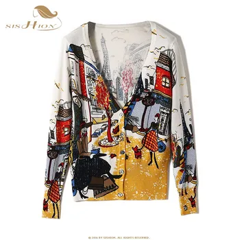 

SISHION Autumn Cardigan Button Women Long Sleeve Printed Casual Patchwork V-Neck Knitted Sweater QY0429 One Size Outerwear