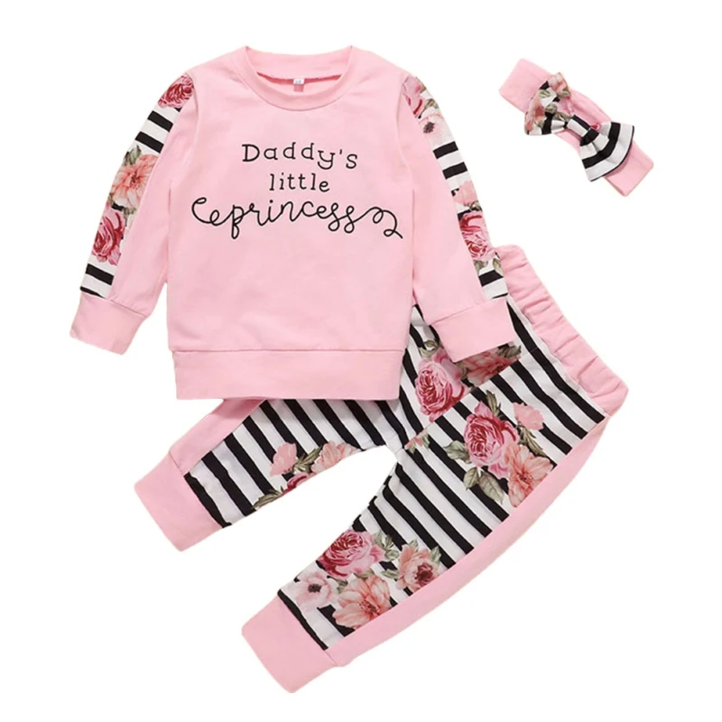 

2020 Baby Girls Daddy's Girl Autumn Winter Striped Flower Printed Letter Sweater Three-piece