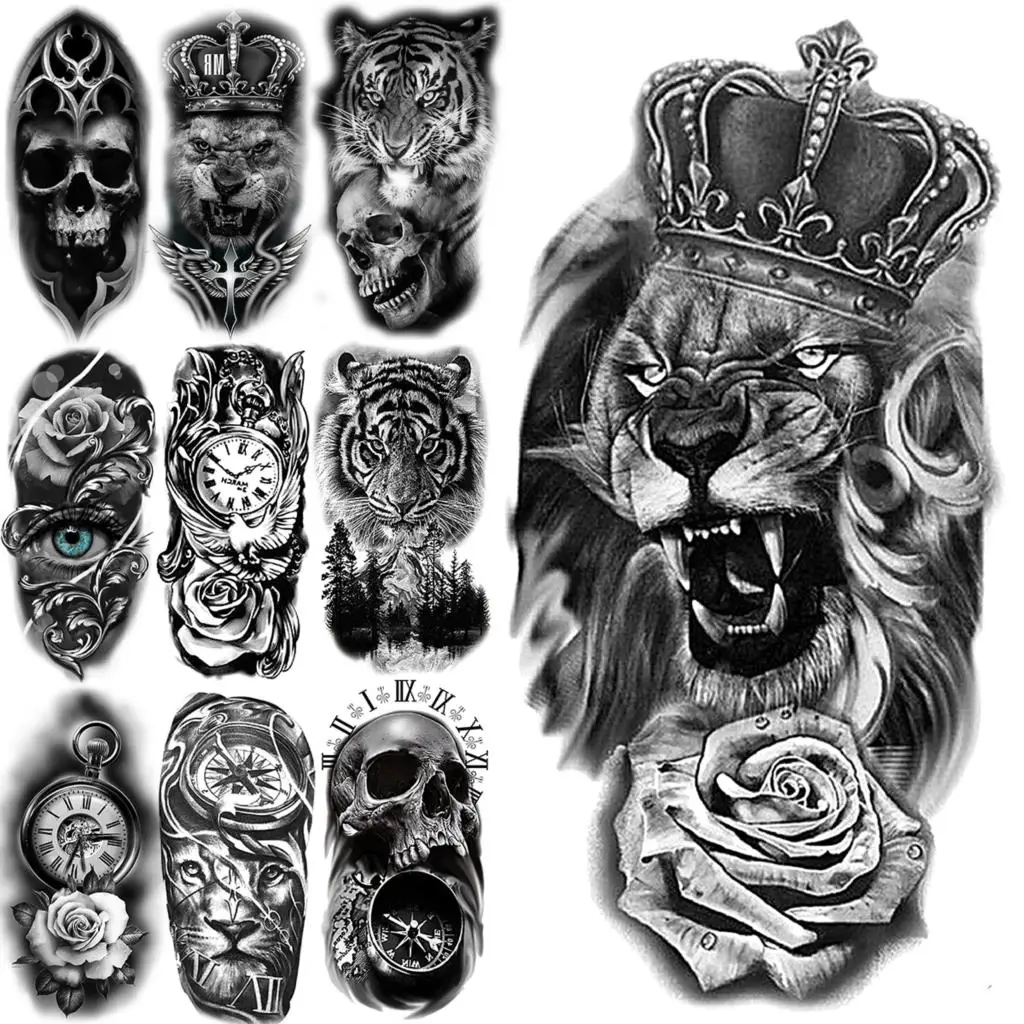 

Black Lion Crown Temporary Tattoos For Women Men Realistic Tiger Skull Compass Forest Fake Tattoo Sticker Arm Leg Tatoos Tribal