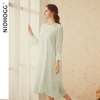 

Women 100% Cotton Pijama Solid Round Neck Long-sleeved Retro Lace Court Princess Night Gown Nighty for Ladies Sexy Nightgowns