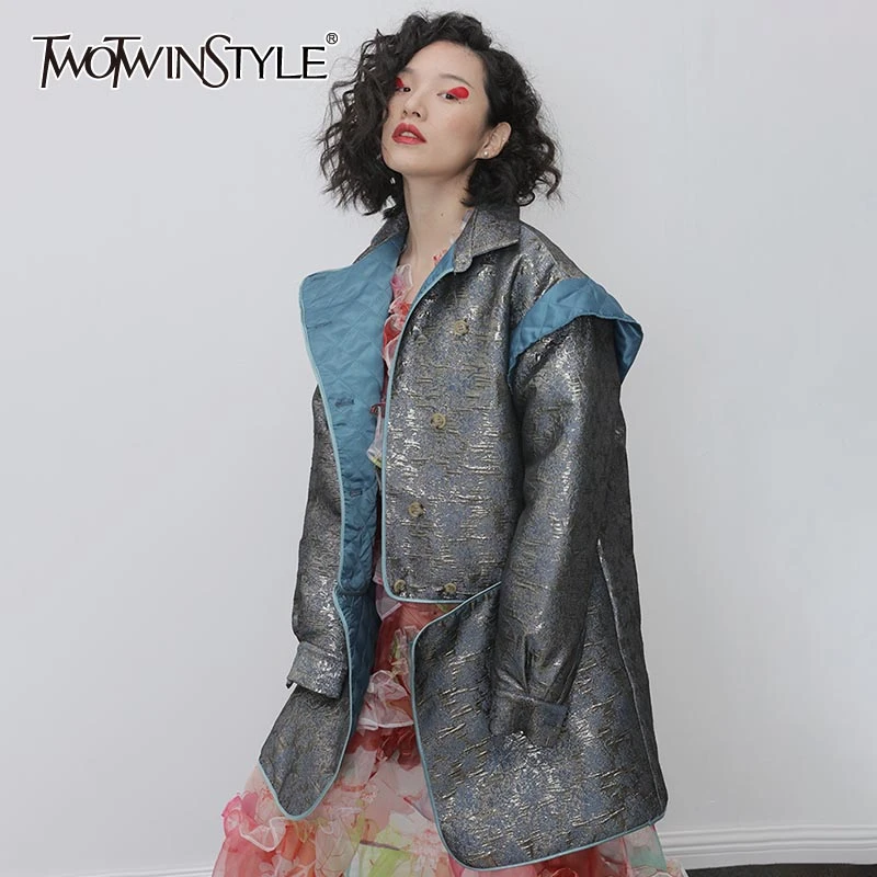 

TWOTWINSTYLE Patchwork Print Hit Color Women Parkas Lapel Collar Lantern Long Sleeve High Waist Long Cotton Coats For Female New