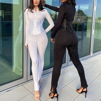 

2020 Autumn Fashion Women 2 Piece Outfits Casual Jumpsuits+bandage Corset Matching Set Activewear Fitness Skinny Stretchy