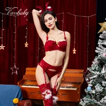 Varsbaby/Новое поступление, сексуальный Рождественский комплект из 5 предметов: бюстгальтеры+ трусики+ подвязки+ чулки+ повязка на голову с рогами