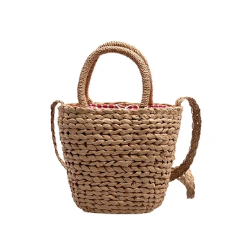 

Handmade Straw Weave Bucket Bags Rattan Women Summer Beach Travel Shoulder Bags Beach Crossbody Bags Woven Shopping Totes