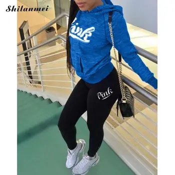 New 2022 Pink Letter Print Hoodie Pullover Top And Skinny Jogger Leggings Sporty Casual Tracksuit Streetwear 2 Piece Set Outfits 1