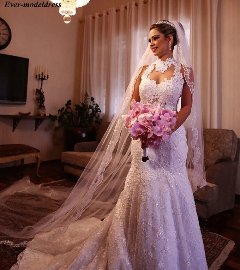 

Lace Mermaid Wedding Dresses 2019 Appliques Beaded Sequins High Neck Elegant Bridal Gowns Bride Dress Robe De Mariee Cheap