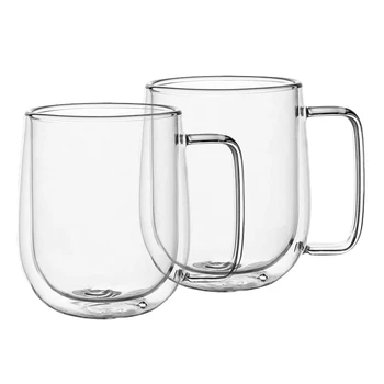 

Double Wall Glass Coffee Mugs Tea Cups Set of 2, Thermal Insulated and No Condensation with Wide Handle (300ML)