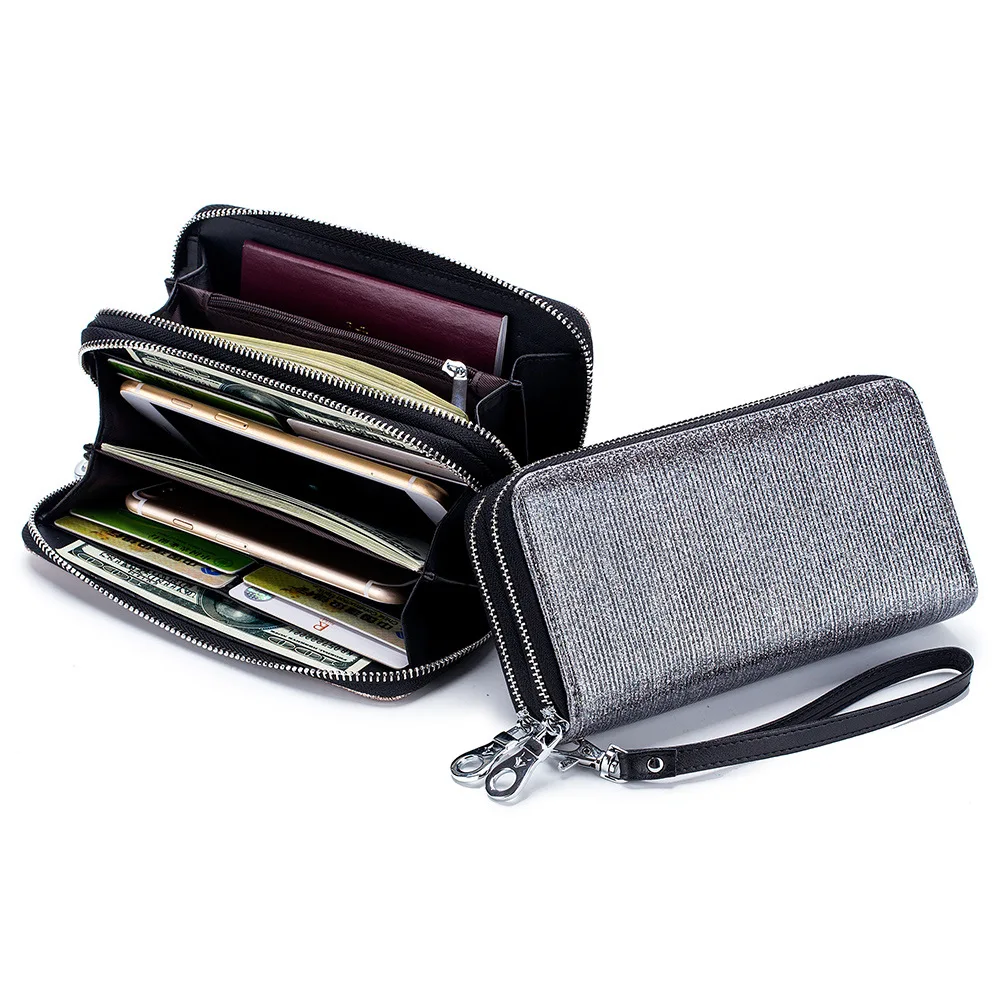 

New Genuine Leather Double Zipper Wallet Ladies Long Large Capacity Women Clutch Bag Bling Wallet Phone Bag Card Holder
