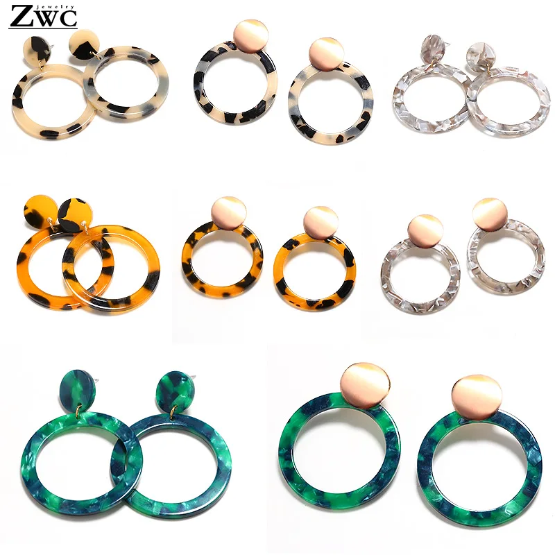 

ZWC Simple Circle Acrylic Leopard Boho Resin Acetate Earrings 2019 Trendy Statement Vintage Metal Drop Earring For Women Gift
