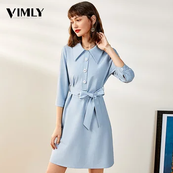 

Vimly Ladies Solid A Line Elegant Dress Women Solid Casual 3/4 Length Sleeve High Waist Dresses Spring Female Blue Pink Dresses