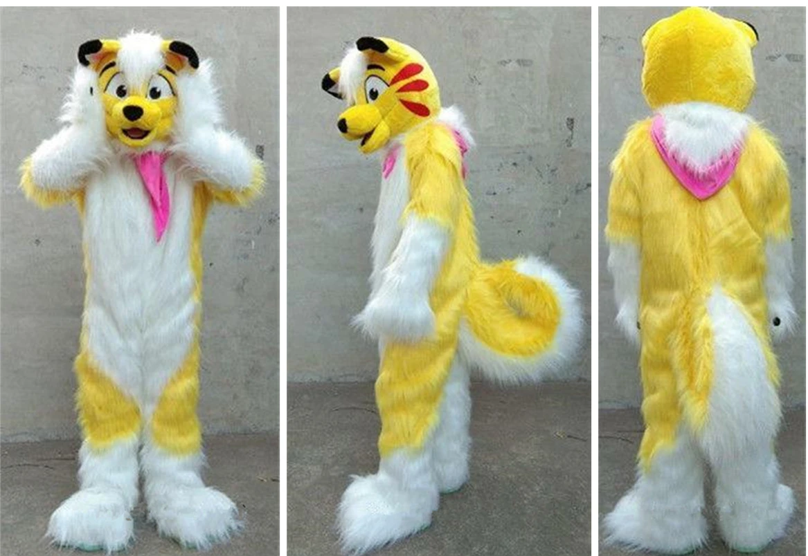 

Halloween Fursuit Yellow Long Fur Husky Fox Dog Fox Mascot Costume Suit Animal Unisex Adult Cosplay Party Game Outfit Dress Xmas