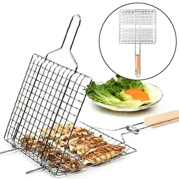 

Sale Iron Wire Barbecue Grilling Basket BBQ Net Wooden Handle Meat Fish Clip Holder BBQ supplies with wooden handle Barbecue net