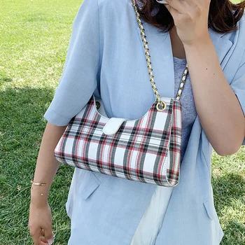 

Vintage Plaid Baguette Bags for Women 2020 Fashion New Chain Shoulder Bags Travel Small Designer Handbags Luxury Brand Purses